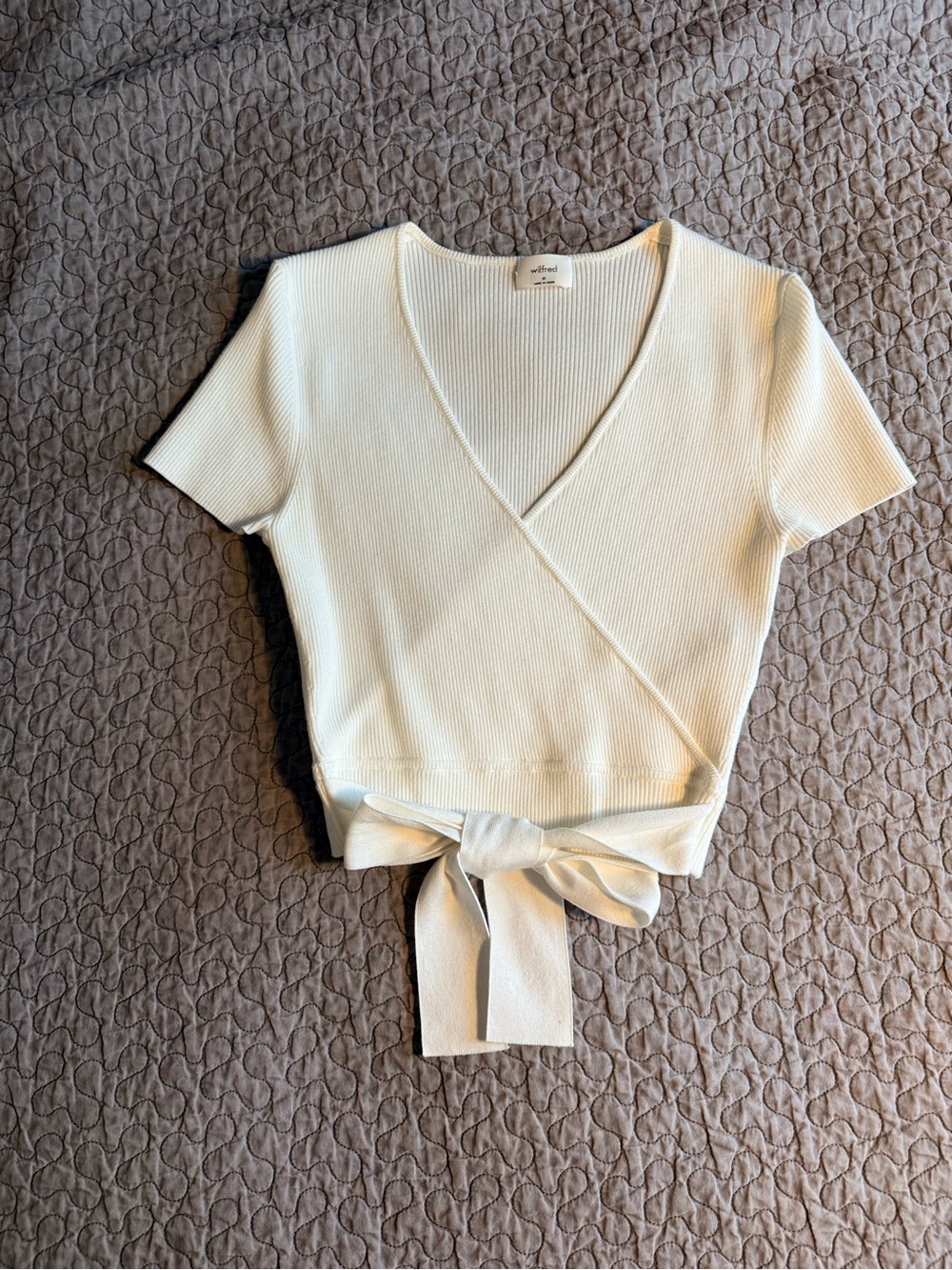 Wilfred Cream Ribbed Wrap Crop Top with Tie Waist
